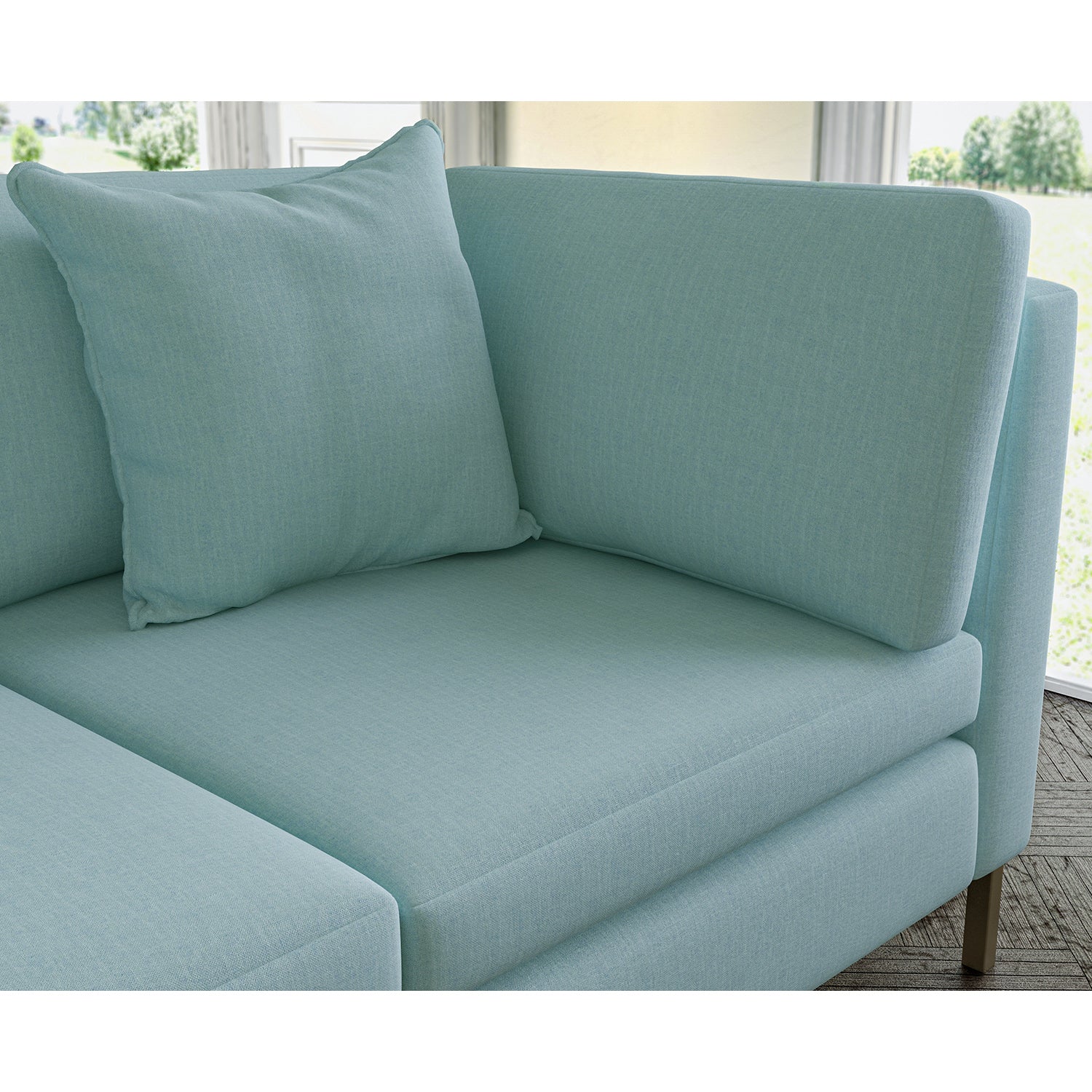 Sofa covered in plain fabric, colour Sky.