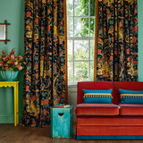Velvet curtains showcasing a menagerie of parrots, lions, and alluring flowers in blue