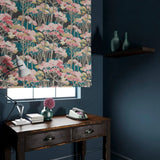 Printed velvet blind showcasing a pink Japanese tree design.