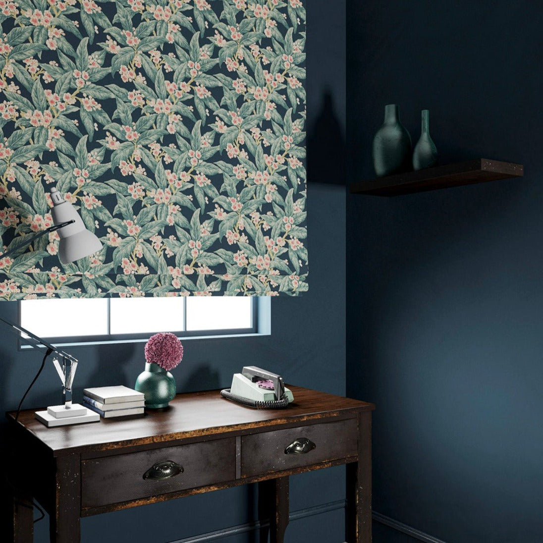 Velvet blind in a blue leaf and blossom design.