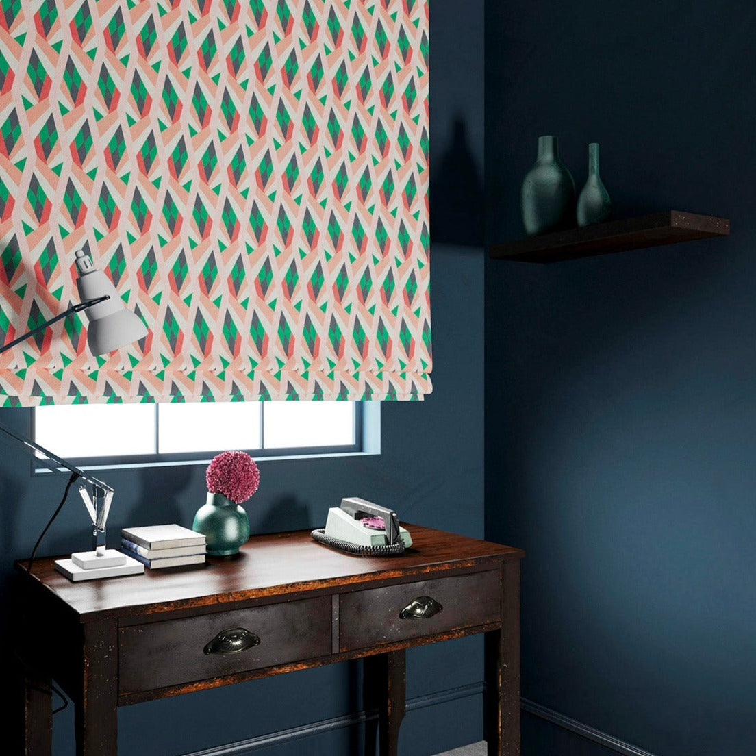 Blind in a velvet fabric with stain resistant finish and geometric print in peach and green colours