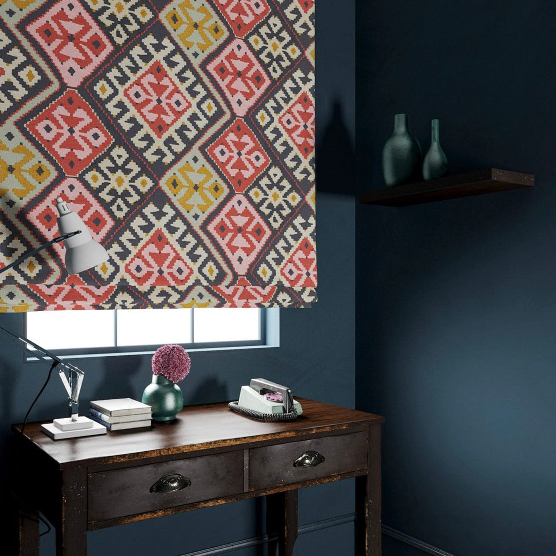 Velvet blind in a henna kilim pattern.