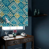 Velvet blind in a blue kilim pattern.