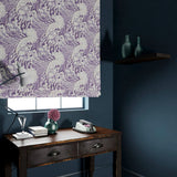 Velvet blind in a velvet fabric with stain resistant finish with a purple and white wave design