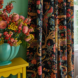 Velvet curtains showcasing a menagerie of parrots, lions, and alluring flowers in blue