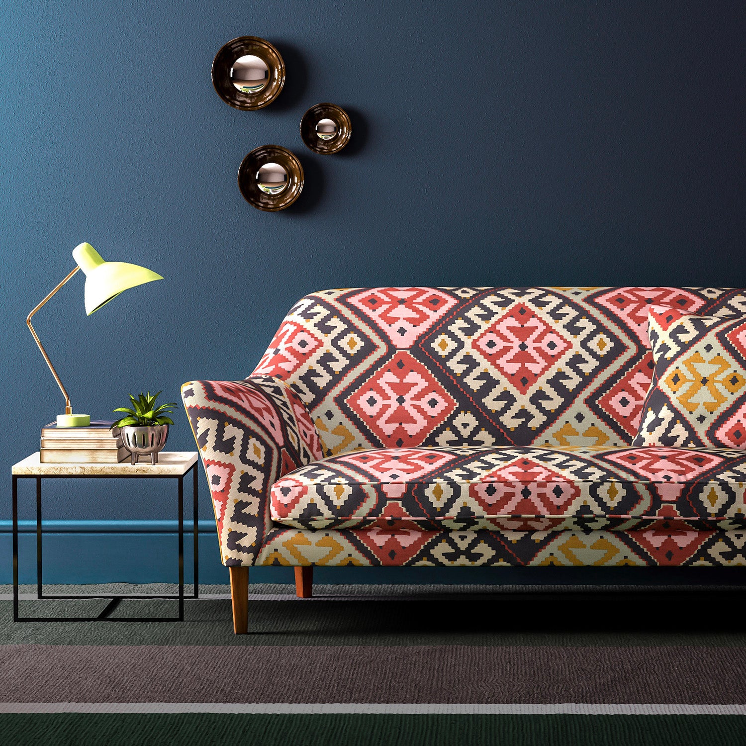 Sofa upholstered in a henna velvet upholstery fabric with a kilim design with a stain resistant finish.