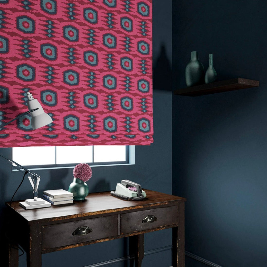 Velvet blinds featuring a fun, jazzy pattern in Berry.