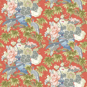 Fabric swatch of a floral and bird linen fabric for curtains and upholstery