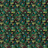Printed velvet fabric with intricate mirror dragon design in green colours, for upholstery and curtain use.