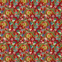 Printed velvet fabric with intricate mirror dragon design in red colours, for upholstery and curtain use.