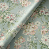 Printed linen fabric with floral pattern in blue, green and white colours for linen curtains, blinds and upholstery.