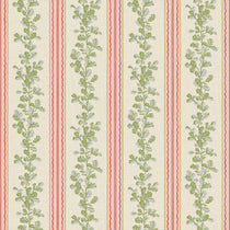 Printed linen fabric with pink and green stripes and an oak-leaf motif.