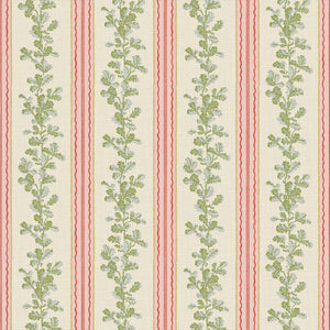Printed linen fabric with pink and green stripes and an oak-leaf motif.