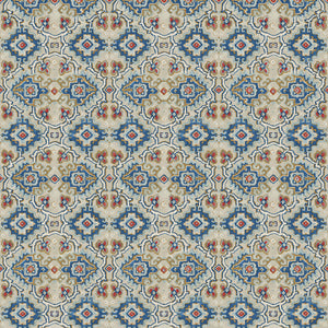 Printed velvet fabric with an oriental geometric design in blue colours, for upholstery and curtain use