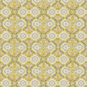 Printed velvet fabric with an oriental geometric design in yellow colours, for upholstery and curtain use