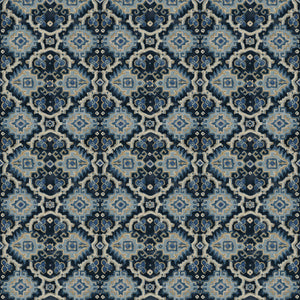 Printed velvet fabric with an oriental geometric design in blue colours, for upholstery and curtain use