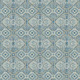 Printed velvet fabric with an oriental geometric design in blue colours, for upholstery and curtain use