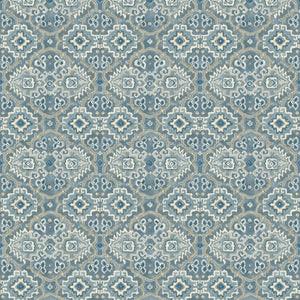 Printed velvet fabric with an oriental geometric design in blue colours, for upholstery and curtain use