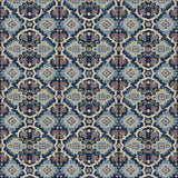 Printed velvet fabric with an oriental geometric design in blue colours, for upholstery and curtain use