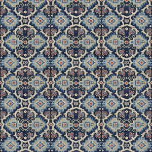 Printed velvet fabric with an oriental geometric design in blue colours, for upholstery and curtain use