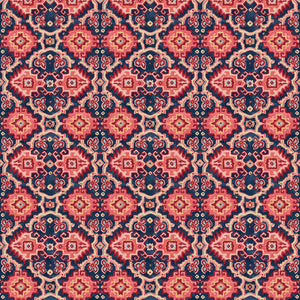 Printed velvet fabric with an oriental geometric design in pink and purple colours, for upholstery and curtain use