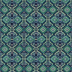Printed velvet fabric with an oriental geometric design in blue and green colours, for upholstery and curtain use