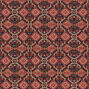 Printed velvet fabric with an oriental geometric design in red colours, for upholstery and curtain use