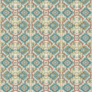 Printed velvet fabric with an oriental geometric design in blue colours, for upholstery and curtain use