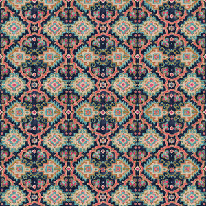 Printed velvet fabric with an oriental geometric design in  multicolours, for upholstery and curtain use