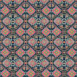 Printed velvet fabric with an oriental geometric design in vibrant colours, for upholstery and curtain use