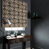 Velvet blind upholstered in a printed velvet fabric with an oriental geometric design in multicolours