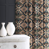 Velvet curtain in a printed velvet fabric with an oriental geometric design in multicolours