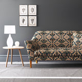 Velvet sofa upholstered in a printed velvet fabric with an oriental geometric design in multicolours