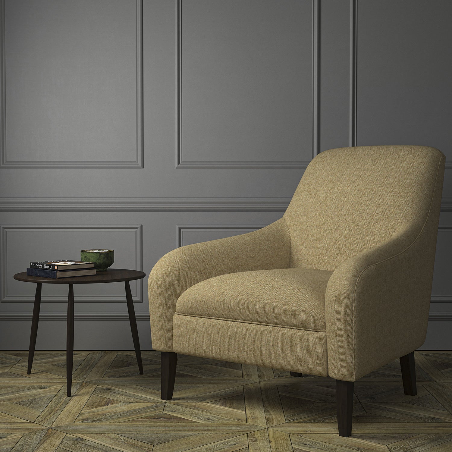 Chair upholstered in a luxury Scottish tan coloured wool herringbone upholstery fabric