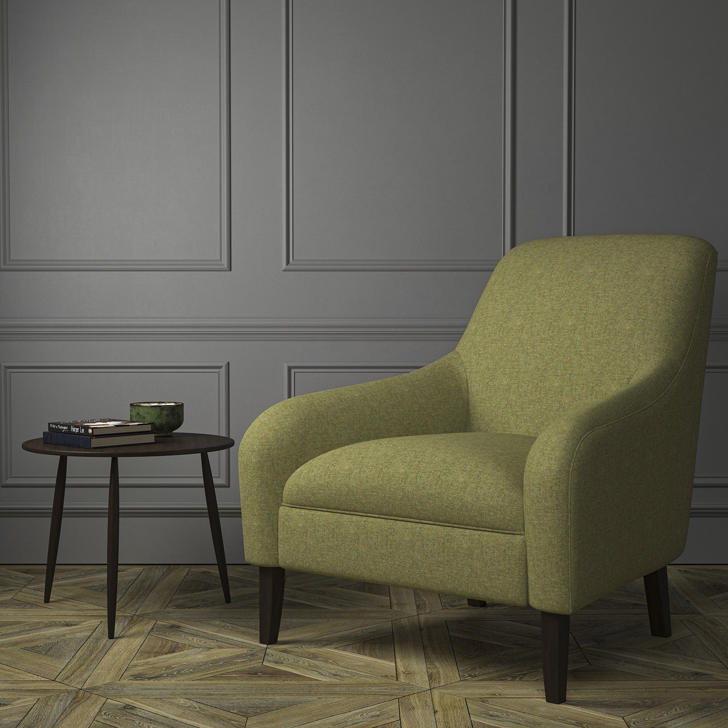 Chair upholstered in a green Scottish wool herringbone fabric