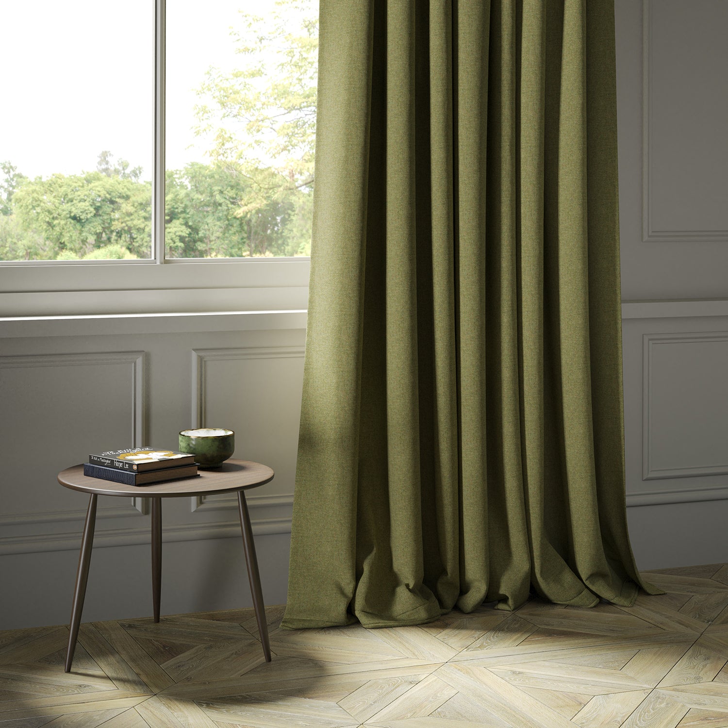Curtains in a green Scottish wool herringbone fabric