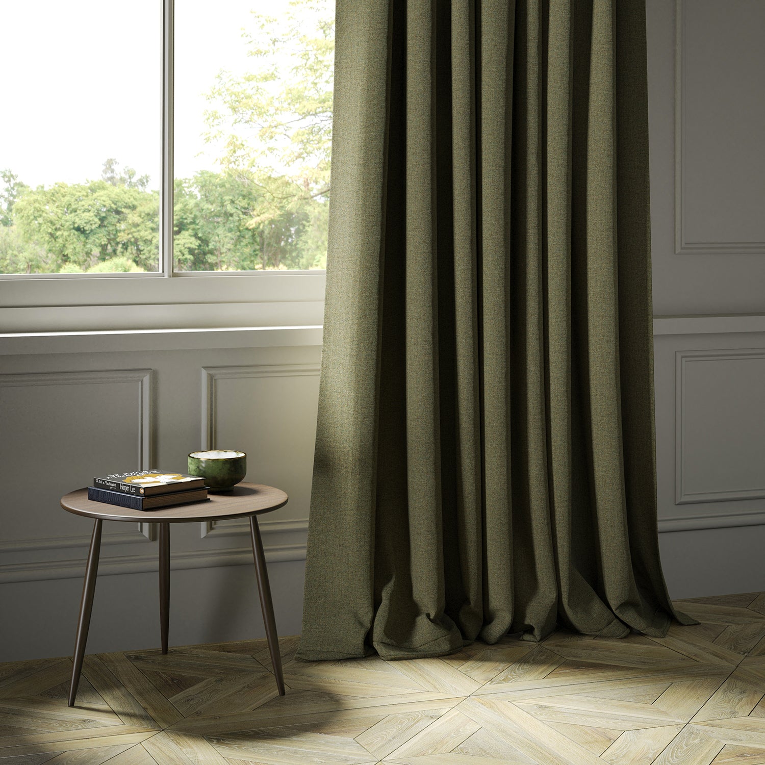 Curtains in a khaki Scottish wool herringbone fabric
