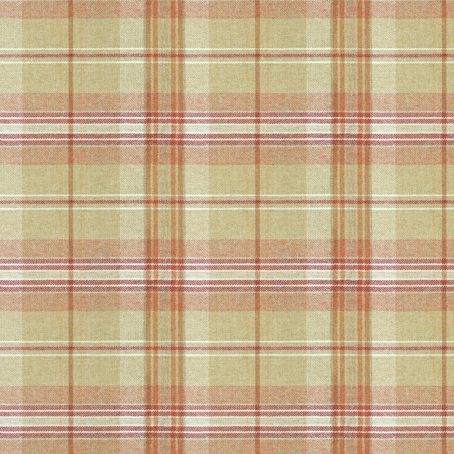Fabric swatch of a beige and red Scottish wool plaid check fabric for curtains and upholstery