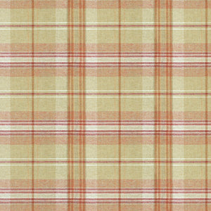 Fabric swatch of a beige and red Scottish wool plaid check fabric for curtains and upholstery