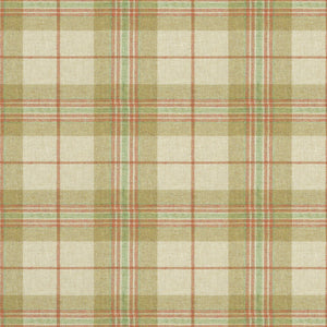 Fabric swatch of a beige and red Scottish wool plaid check fabric for curtains and upholstery