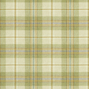 Fabric swatch of a cream and green  Scottish wool plaid check fabric for curtains and upholstery