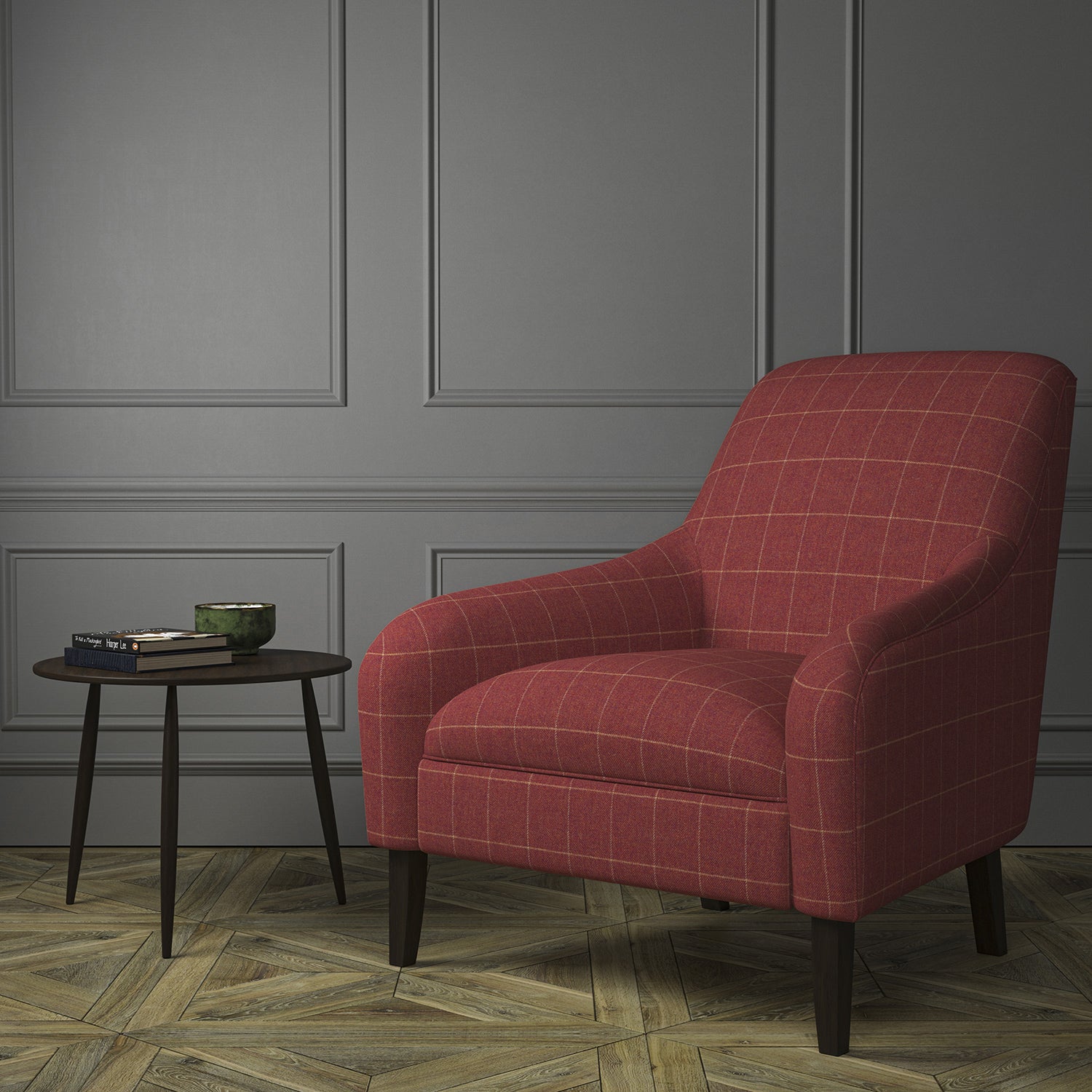 Chair upholstered in a red Scottish wool windowpane check fabric
