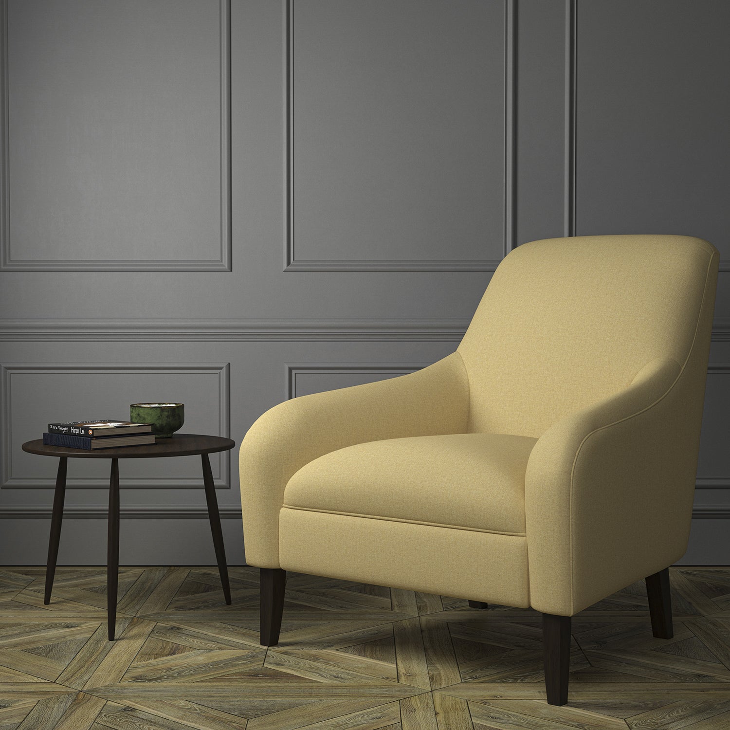 Chair upholstered in a luxury Scottish plain golden coloured wool upholstery fabric