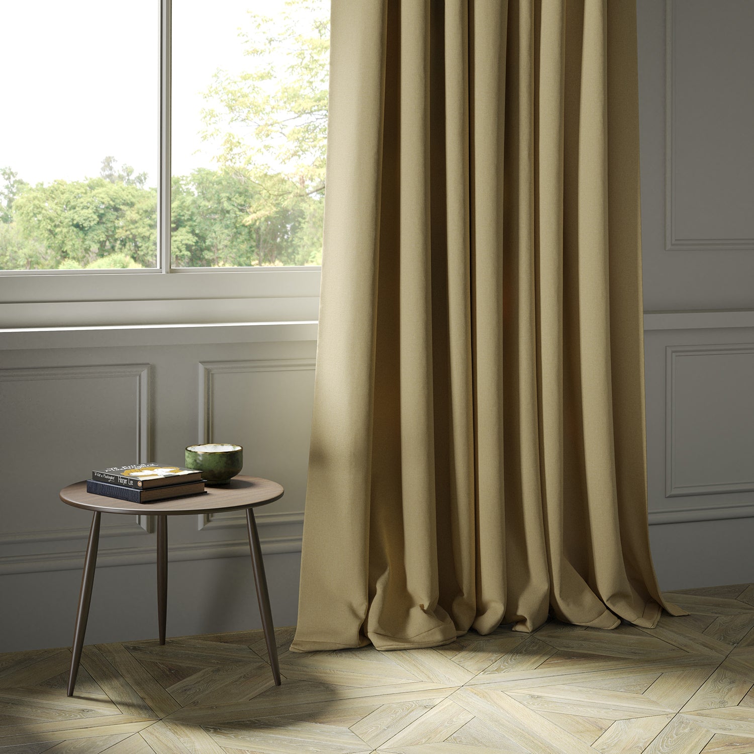 Curtains in a luxury Scottish plain golden coloured wool fabric
