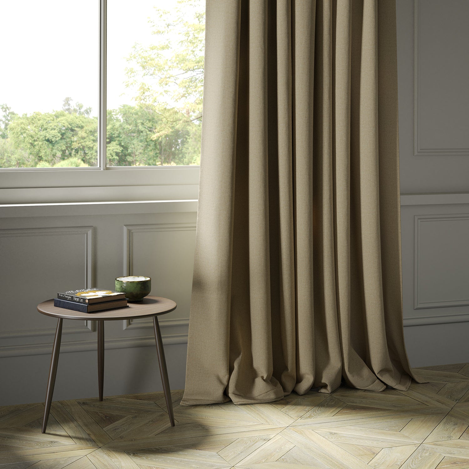 Curtains in a luxury Scottish plain beige wool fabric