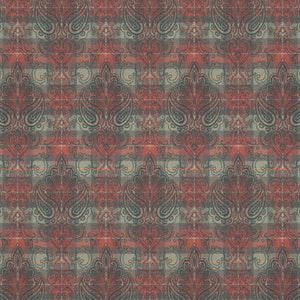 Red and green wool fabric suitable for curtains and upholstery with large dark grey damask design.