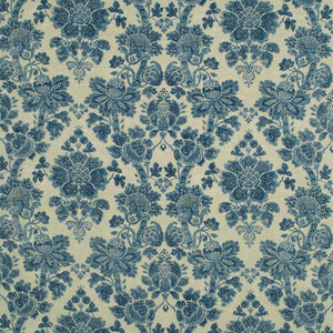 Fabric swatch of a blue floral damask fabric for curtains and upholstery