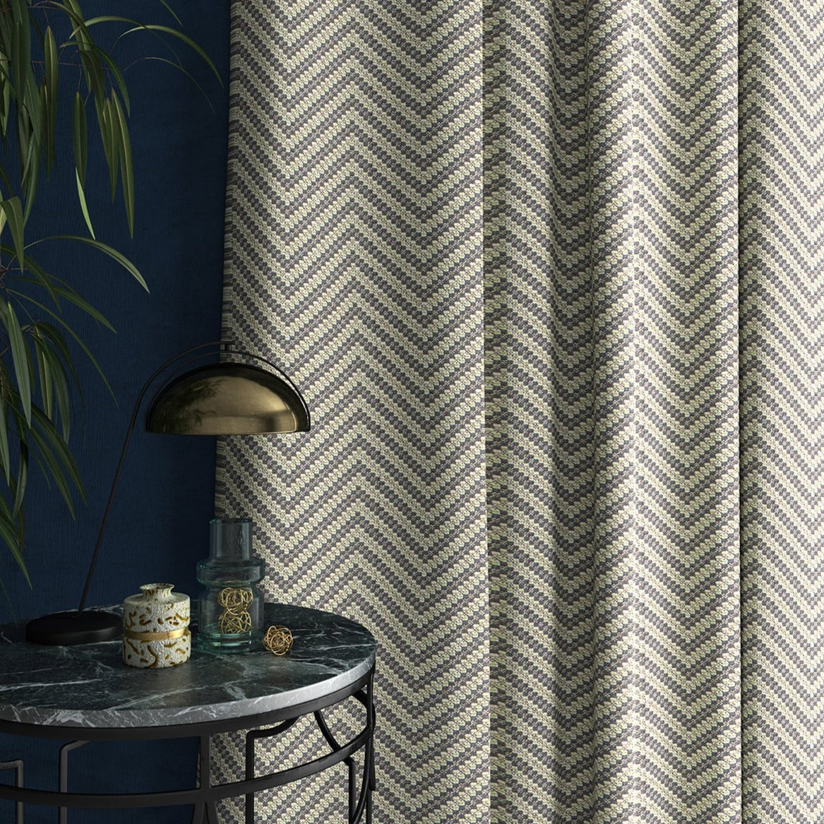Curtain in a grey and neutral herringbone weave fabric