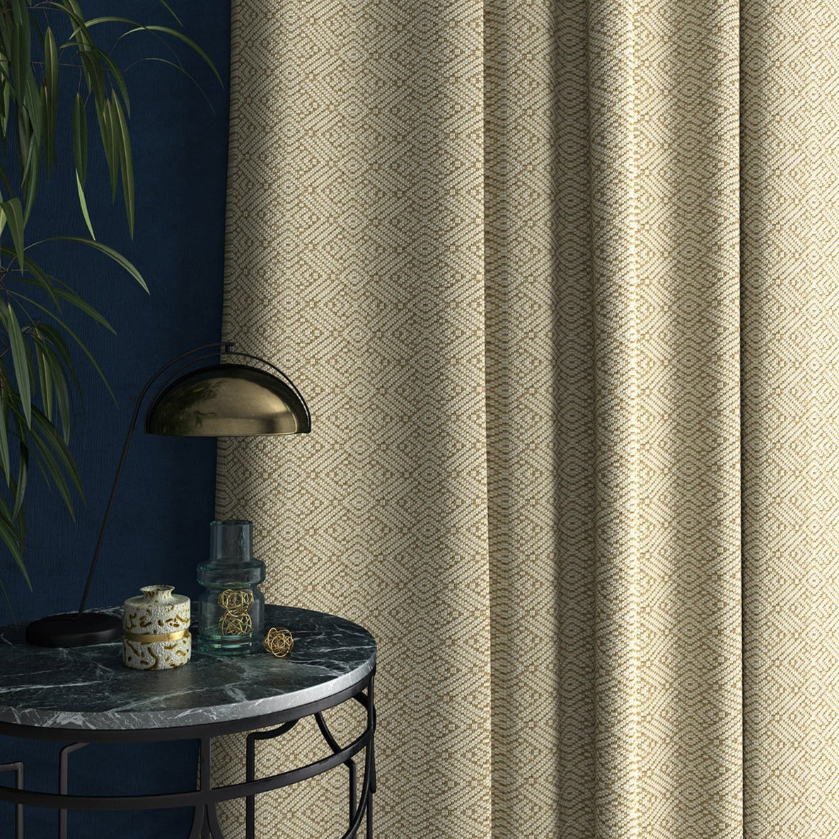 Curtains in a neutral geometric weave fabric