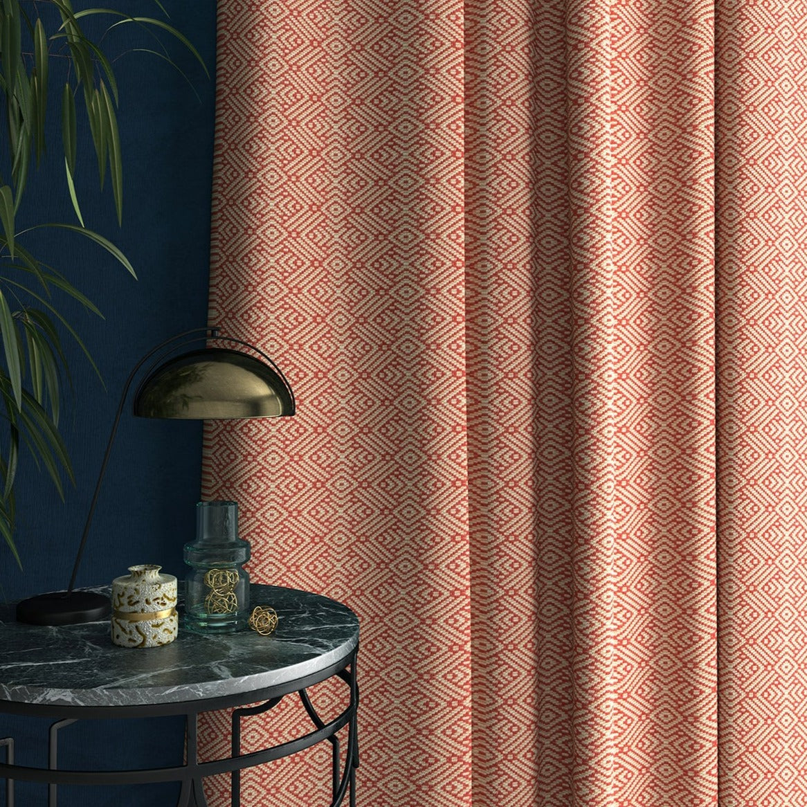Curtains in a pink and white geometric weave fabric
